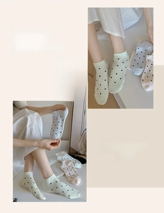 Detailed view of colorful polka dot low cut invisible socks on feet and flat lay