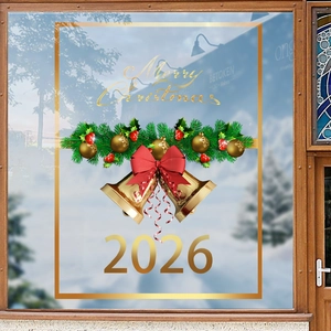 Merry Christmas 2026 window clings with golden bells and red bows for holiday glass decor