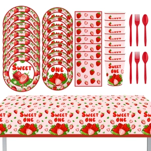 Strawberry Theme Party Tableware Disposable Paper Plates Cups Napkins Plastic Cutlery Tablecloth Sweet One Birthday Decor
