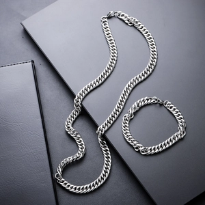 Polished silver titanium steel Cuban chain necklace and bracelet set in hip hop style