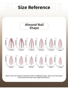Detailed size chart for almond press-on nails featuring 12 unique dimensions in mm