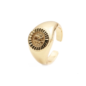 Adjustable gold-plated copper letter R signet ring with a high-polished finish