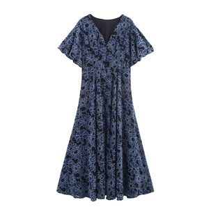 Robe Maxi Élégante À Col En V Bleu Foncé Patchwork Denim Floral Dentelle Manches Bouffantes Taille Haute Ligne A Femme