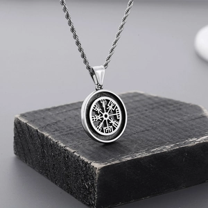 Silver Viking compass pendant necklace in stainless steel with a twisted chain for men
