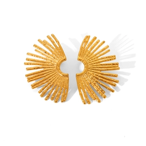 Elegant 18K gold plated stainless steel fan shaped earrings with sunburst ray design