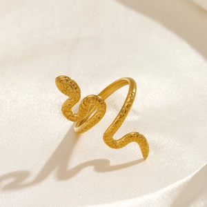 Chic 18k gold plated stainless steel snake ring with adjustable open band and scale texture