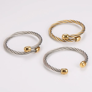 Punk cable wire open cuff bracelets in gold, silver, and two-tone stainless steel finish