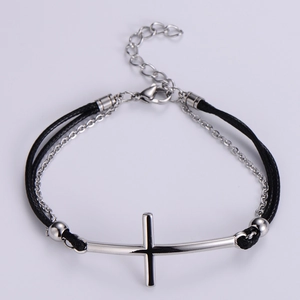 Bracelet minimaliste en corde noire et croix en acier titane argenté pour hommes