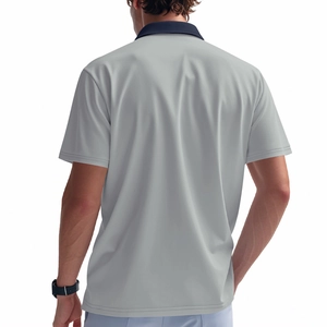 Rückansicht eines grauen Herren-Golfpoloshirts mit dunkelblauem Kragen und Stoff