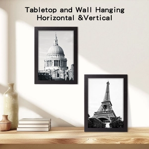 Detail of minimalist black picture frames showing tabletop and wall hanging versatility