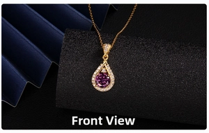 Front view of a purple zircon teardrop pendant with gold chain and sparkling accents