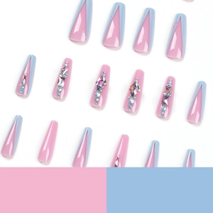 Pink and blue ballerina press-on nails with rhinestones on a clean white background