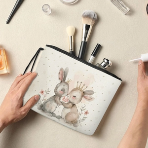 Easter rabbit makeup bag with floral crown bunny illustration and zipper closure