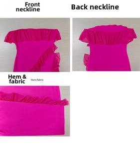 Détails de l'encolure à volants et de la fente latérale sur robe rose fuchsia