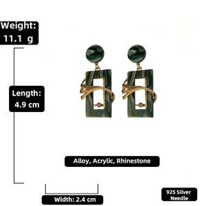 Detail showing vintage green acrylic geometric earring with rhinestones and 925 silver pin
