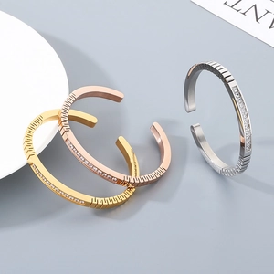 Three-color minimalist stainless steel C-shaped open bangles with zircon inlay