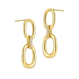 Polished gold S925 silver double hoop earrings featuring a diamond-studded link chain