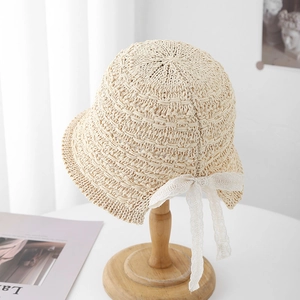 Detailed close-up of breathable open-weave sun hat featuring a delicate lace bow decoration