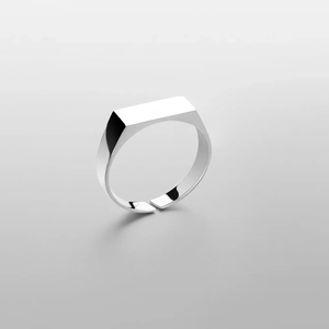 Detail of silver square-top stainless steel ring with adjustable open band for men