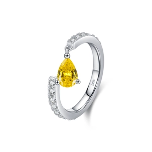 S925 sterling silver open ring with a pear-cut yellow gemstone and pave-set zircons