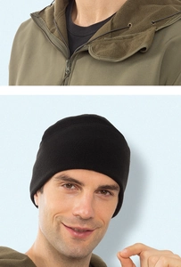 Detail showing army green fleece jacket neckline and black winter beanie for sports