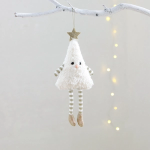 Creative plush Christmas tree ornament with long legs and gold star on white branch