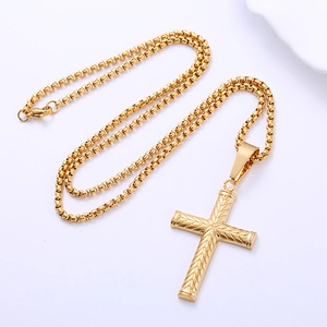 Polished 18K gold plated stainless steel cross pendant necklace with box chain