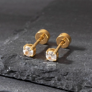 Detail of 3mm cubic zirconia stud earrings with gold-plated stainless steel screw backs