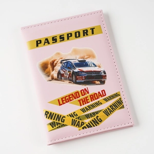 Pink passport cover featuring rally car graphic, durable PU leather material detail view.