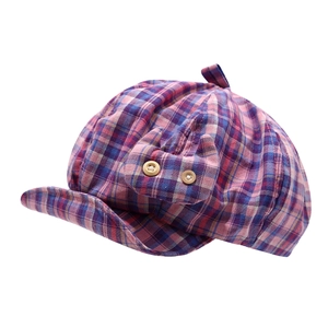 Korean style checkered beret for women with cute button details in pink and purple colors