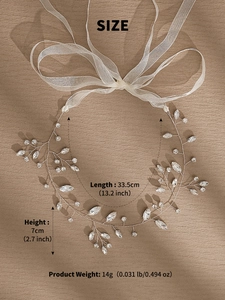 Size details of bridal headband with handmade beads crystals and white ribbon bow