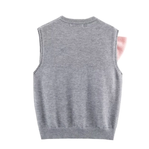Grey knit vest top with pink bow accent and ribbed details shown from the back view