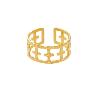 Detail of gold open ring featuring hammered texture and geometric hollow pattern