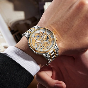 LIGE men's quartz watch with two-tone band, skeleton dial, moon phase and date display