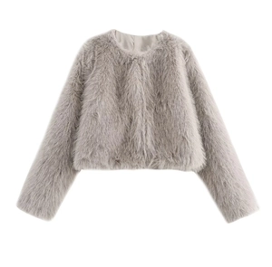 Close-up of grey faux fur jacket showing high-quality plush texture and round neck detail