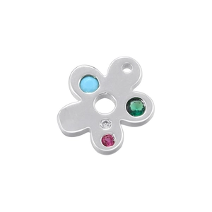 Detailed close-up of a silver flower pendant with colorful inlaid zirconia stones