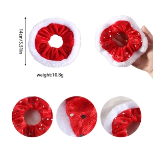 Red velvet Christmas scrunchie with white faux fur trim and silver sequins, 14cm size
