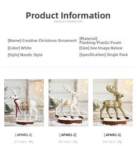 Close-up of golden glitter and white flocked reindeer ornaments with detailed dimensions