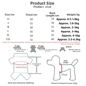 Detailed size chart for pet sports camo clothes with chest and back length measurements