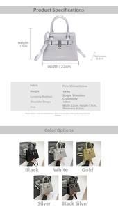 Detailed dimension guide and specifications for the rhinestone crossbody handbag