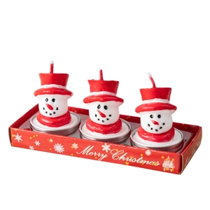 Set of 3 snowman Christmas candles in red box with metal bases for holiday table decor