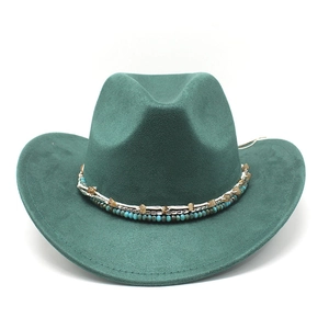 Chapeau de cowboy western vert foncé en daim avec perles turquoise et bord recourbé