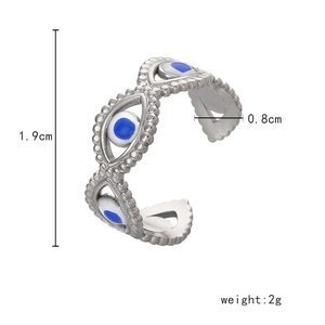 Detail showing dimensions of silver evil eye open ring with blue enamel and 2g weight