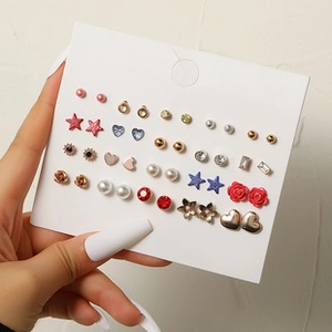 Detailed view of fashion earring set with zircon and pearls on white display card