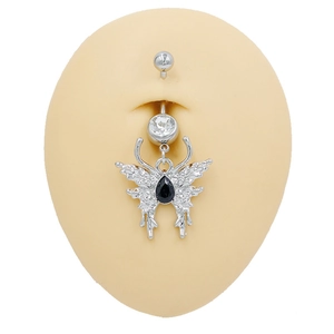 Piercing nombril en acier inoxydable argenté avec papillon et pierre noire