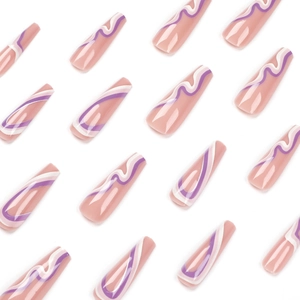 Long coffin press-on nails with pink base and purple white wavy line patterns