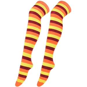 Close-up of knit over-knee socks with orange, yellow, and burgundy horizontal stripes