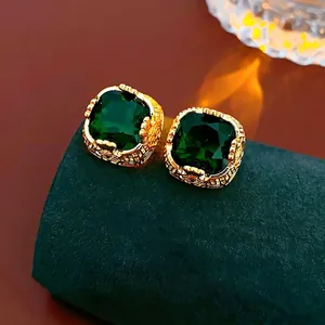 Vintage gold plated silver needle stud earrings with square green zircon gemstones