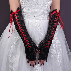 Long black lace fingerless gloves with red ribbon corset lacing for punk stage parties