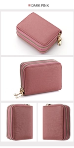 Detailed views of dark pink pebble grain leather wallet with dual gold zippers